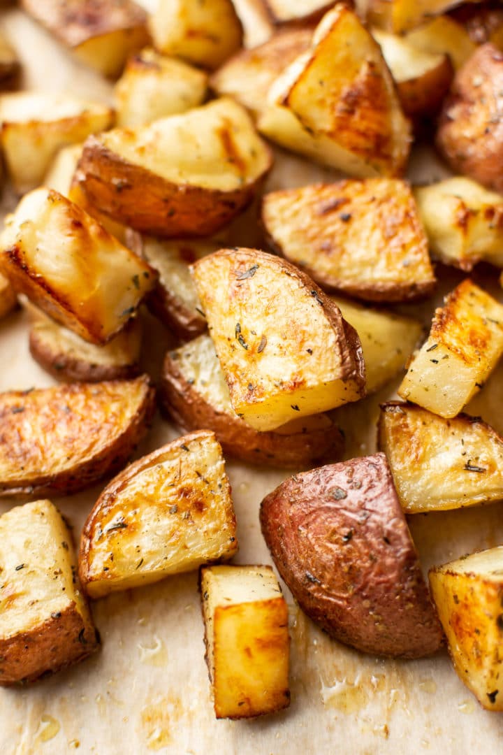 close-up of crispy roasted red potatoes