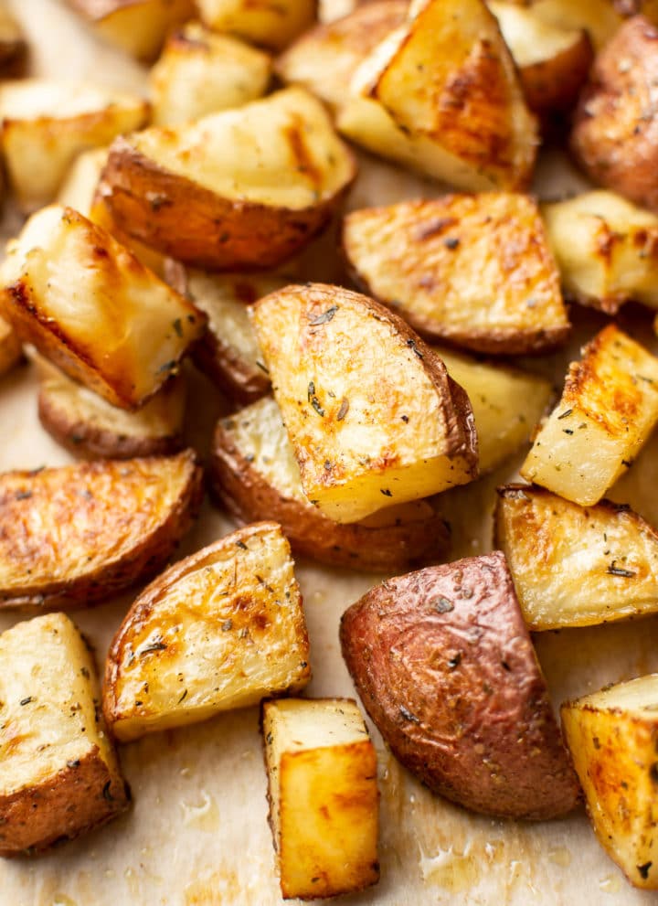 close-up of crispy roasted red potatoes