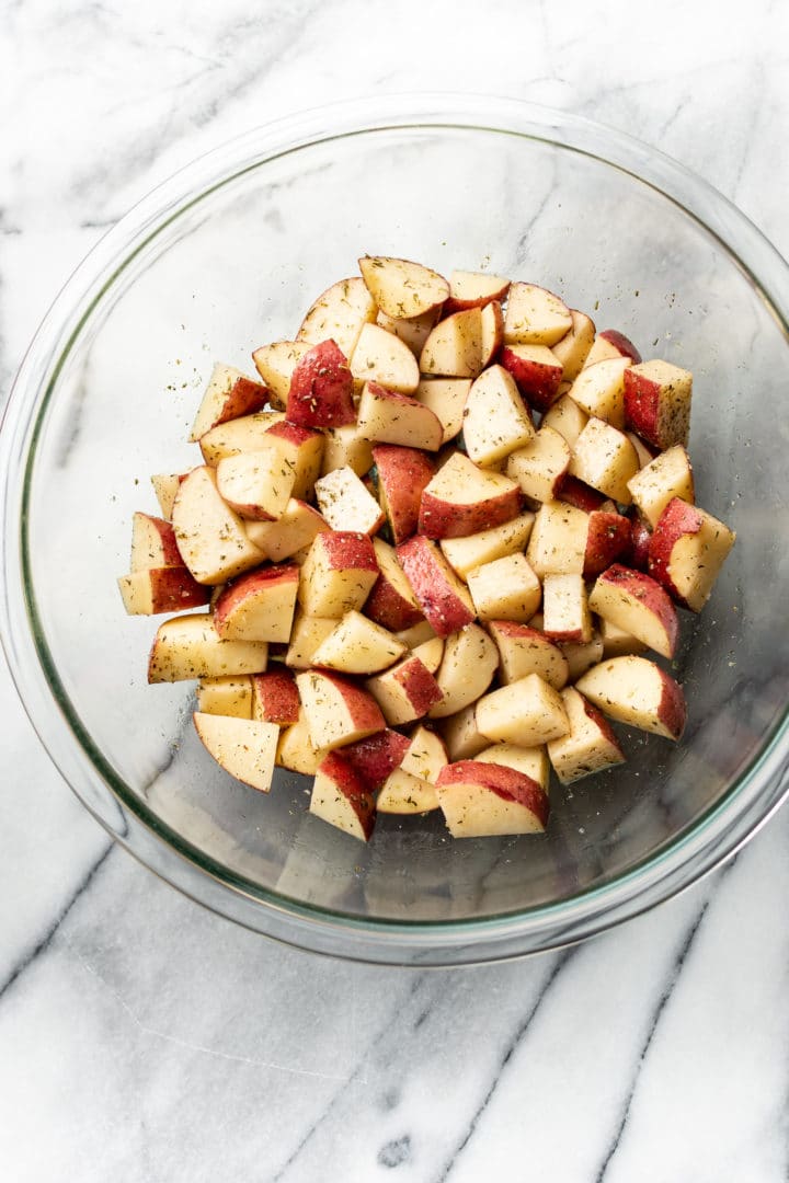 red potatoes in a glass prep bowl