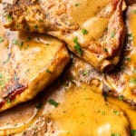 close-up of easy smothered pork chops with gravy