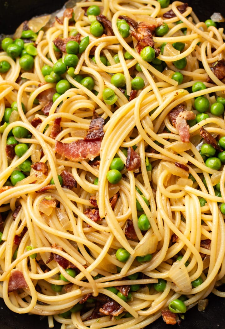 close-up of bacon and pea pasta