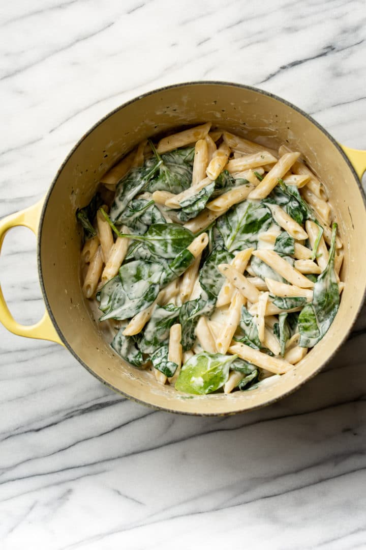 Boursin pasta in a yellow pot