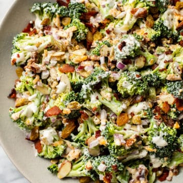 the best broccoli salad in a serving bowl