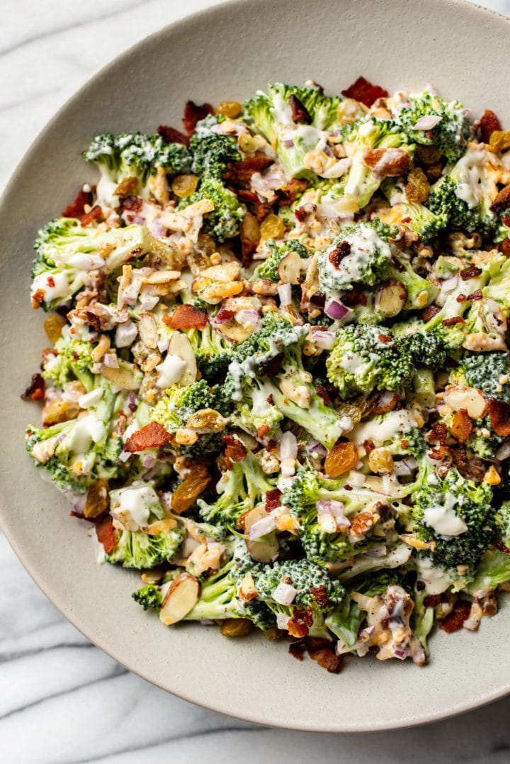the best broccoli salad in a serving bowl