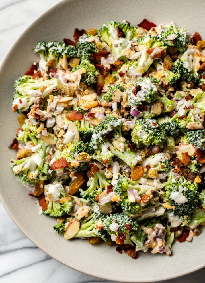 the best broccoli salad in a serving bowl
