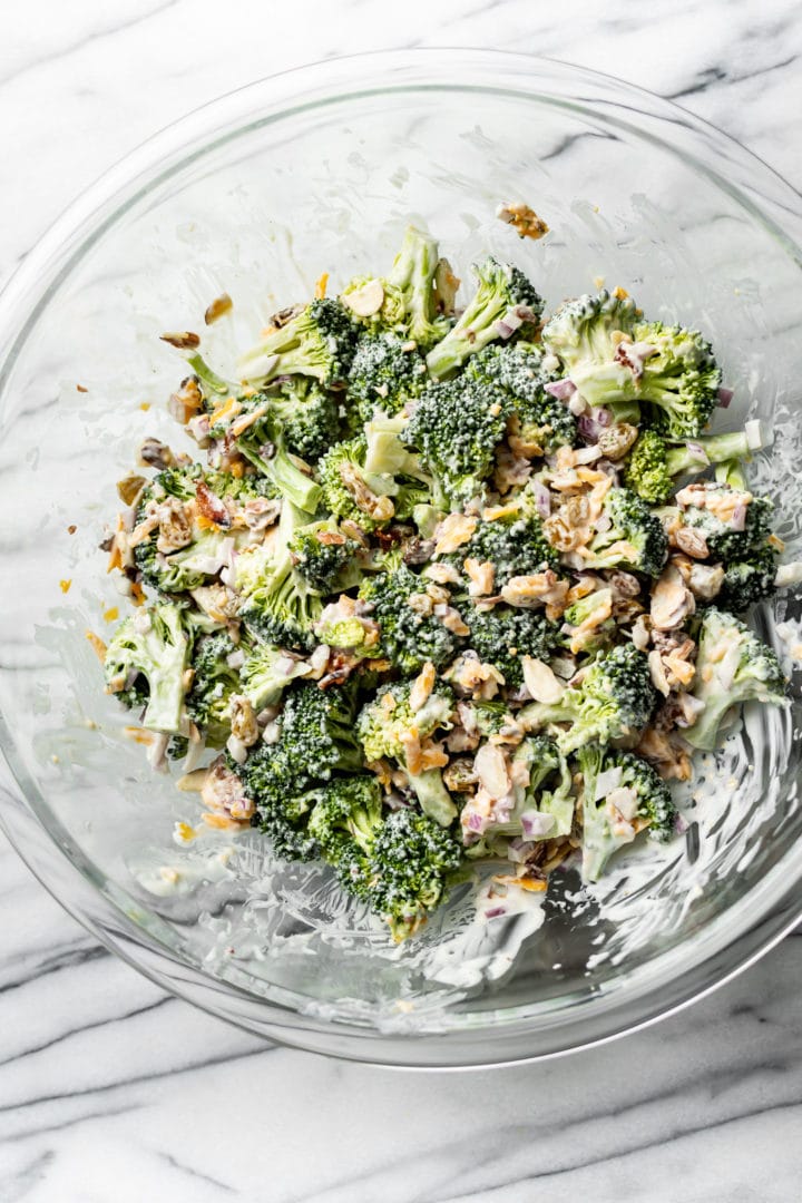 easy broccoli salad in a glass prep bowl