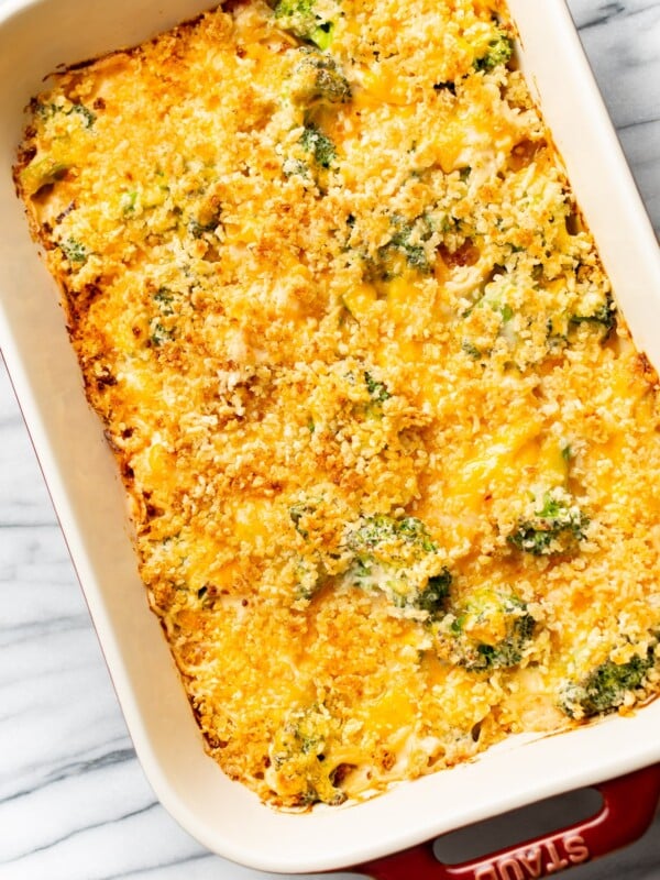 broccoli chicken divan in a 9x13 casserole dish