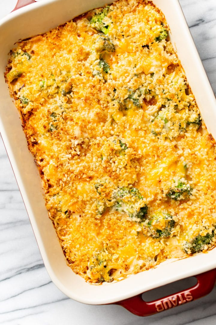 broccoli chicken divan in a 9x13 casserole dish