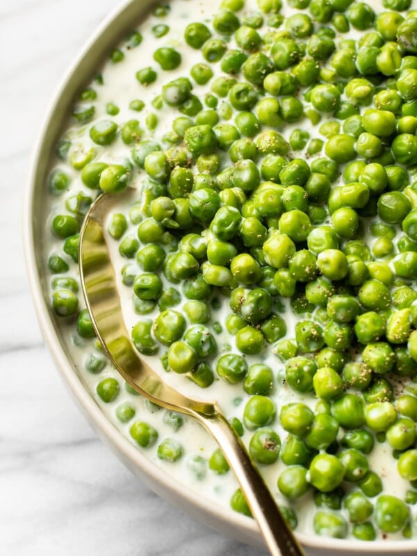 close-up of creamed peas in a serving bowl