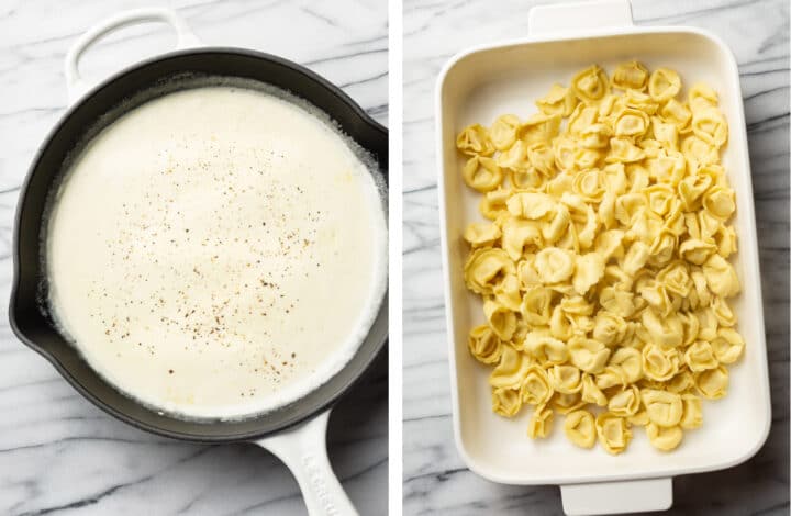 making alfredo sauce and adding tortellini to a baking dish