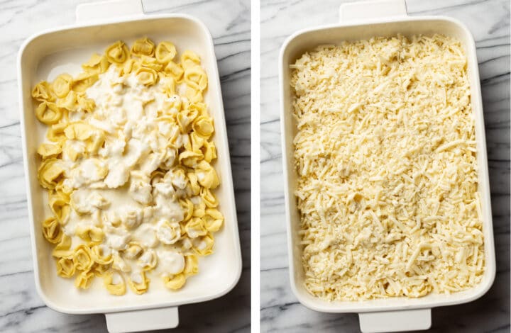 adding sauce and cheese to baking dish for alfredo tortellini bake