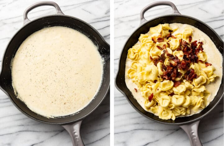 making creamy sauce for bacon ranch tortellini in a skillet