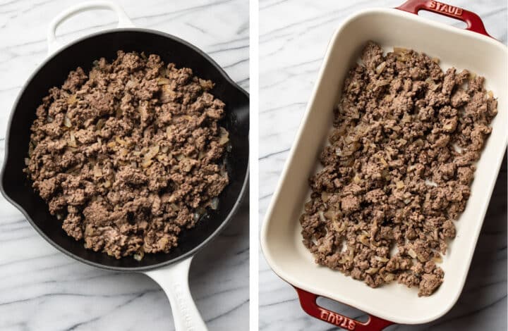 frying ground beef and adding it to a casserole dish