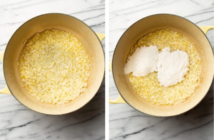 frying onion and garlic and adding flour to a soup pot for broccoli cheddar soup