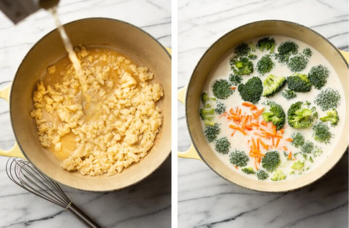 adding broth, carrots, cream, and broccoli to a soup pot