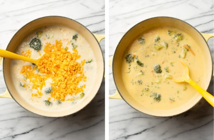 adding cheddar cheese to broccoli cheddar soup and simmering
