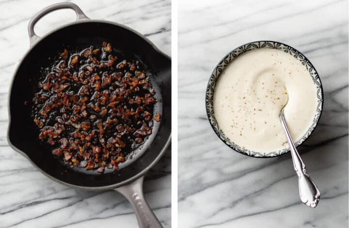 making dressing and frying bacon for broccoli salad