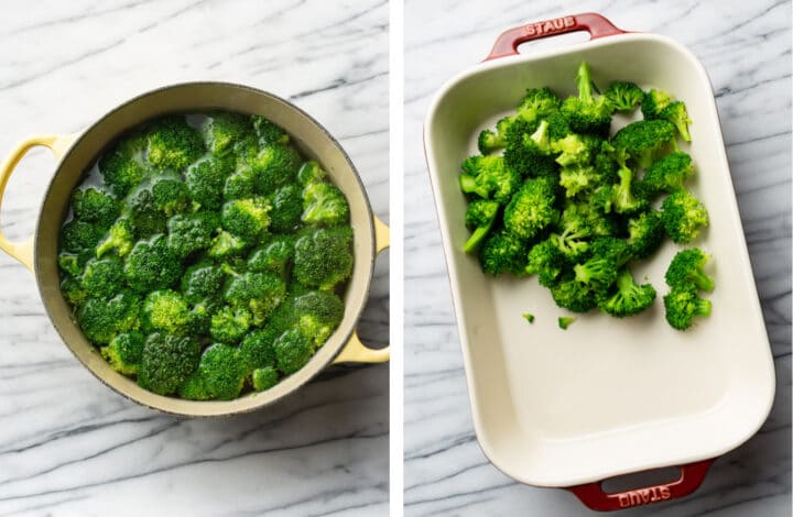 boiling broccoli and adding it to a casserole dish