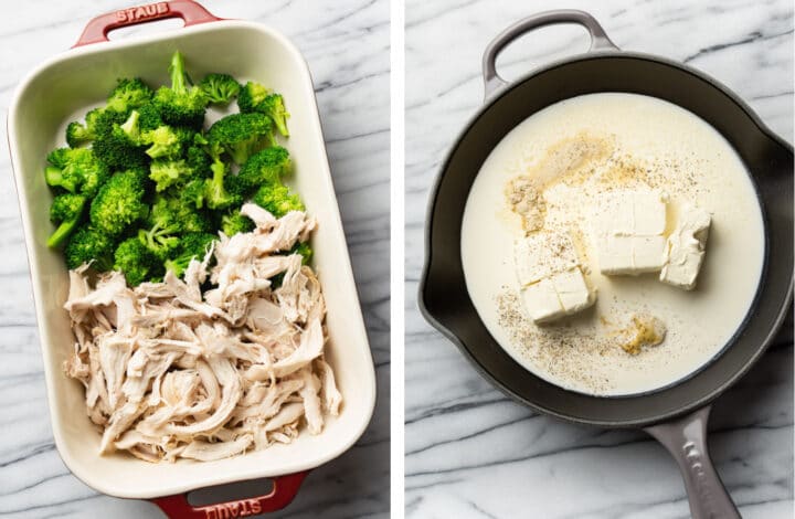 adding cooked chicken to the casserole dish and adding sauce ingredients to a skillet