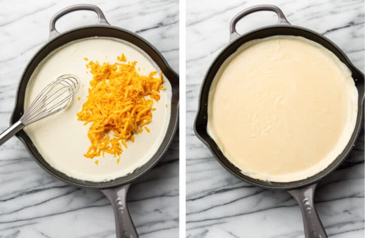 stirring cheddar cheese into the sauce in a skillet