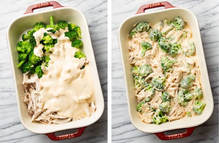 pouring cheese sauce into the casserole dish for chicken divan