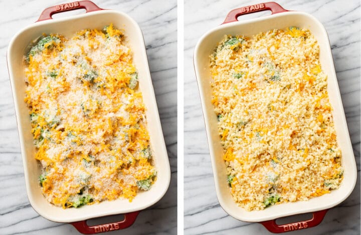 adding the cheddar and panko breadcrumb topping to chicken divan casserole