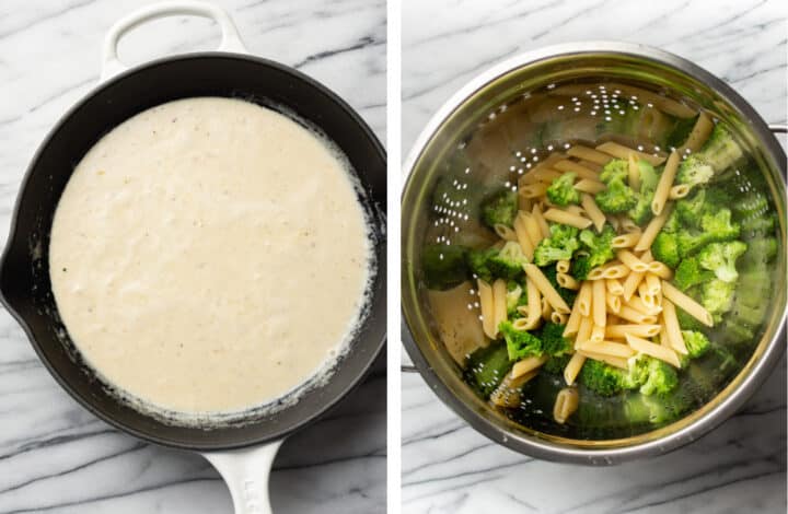 making sauce for pasta and draining penne and broccoli