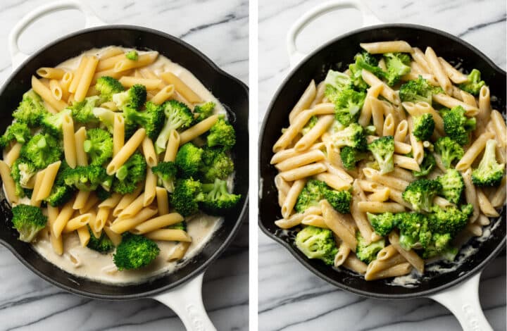 tossing penne and broccoli in creamy pasta sauce in a skillet