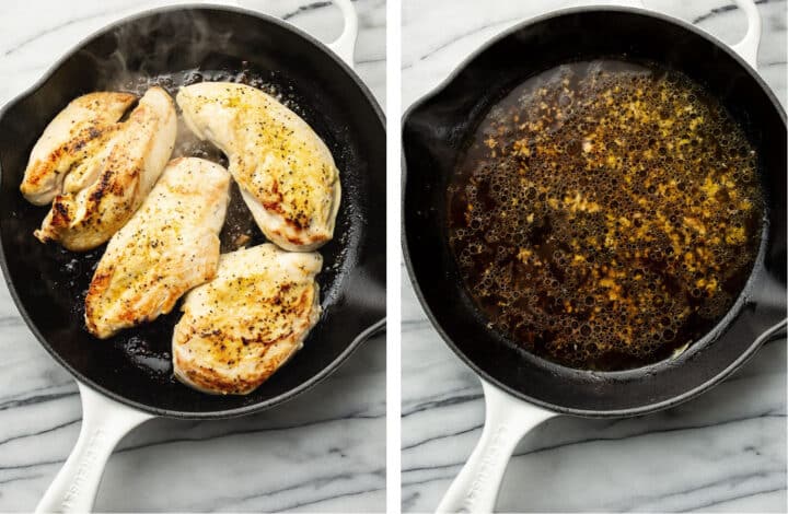 pan frying chicken in a skillet and making lemon sauce