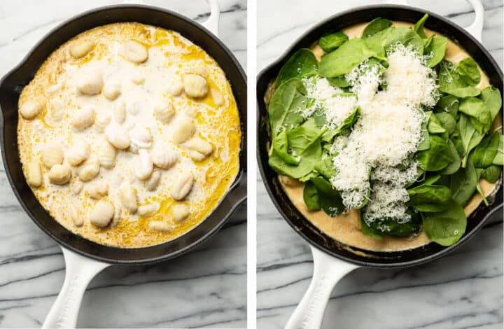 cooking gnocchi in a skillet and adding spinach and parmesan