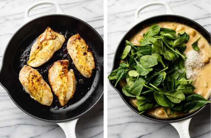 pan frying chicken and making sauce in a skillet for lemon chicken gnocchi