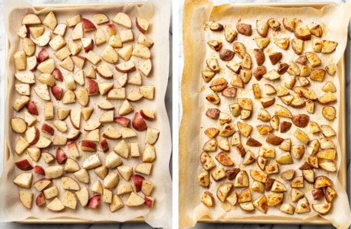 a sheet pan with red potatoes before and after roasting