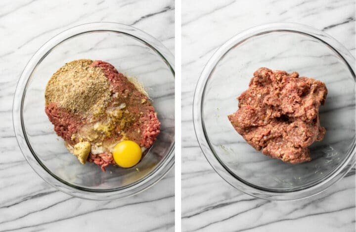 mixing ingredients for ground beef patties in a glass bowl
