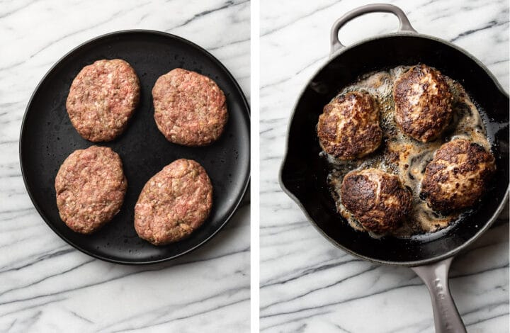 ground beef patties for salisbury steak before and after frying