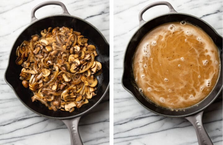 making mushroom gravy in a skillet for salisbury steak