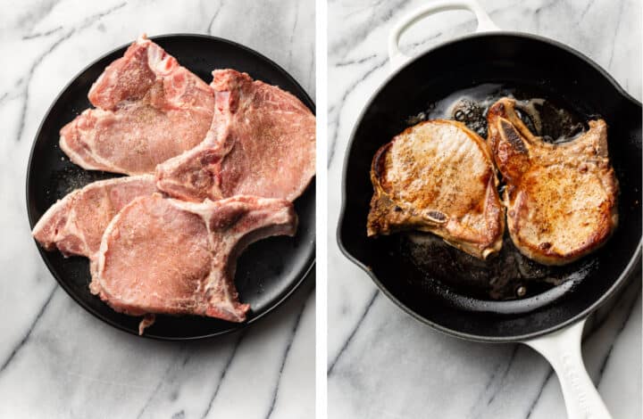 seasoning pork chops and pan frying in a cast iron skillet