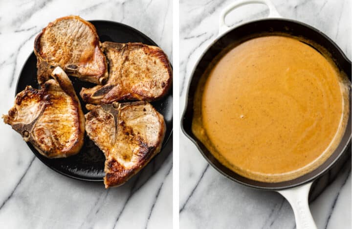 transferring pork chops to a plate and making smothered gravy