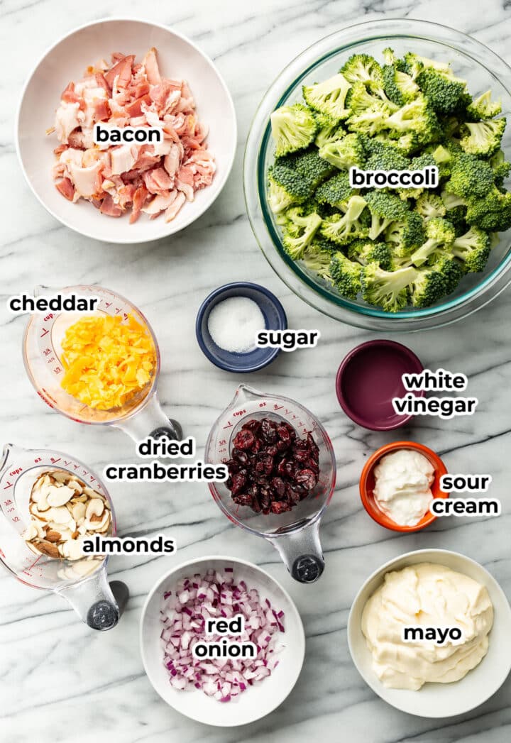 ingredients for broccoli salad in prep bowls