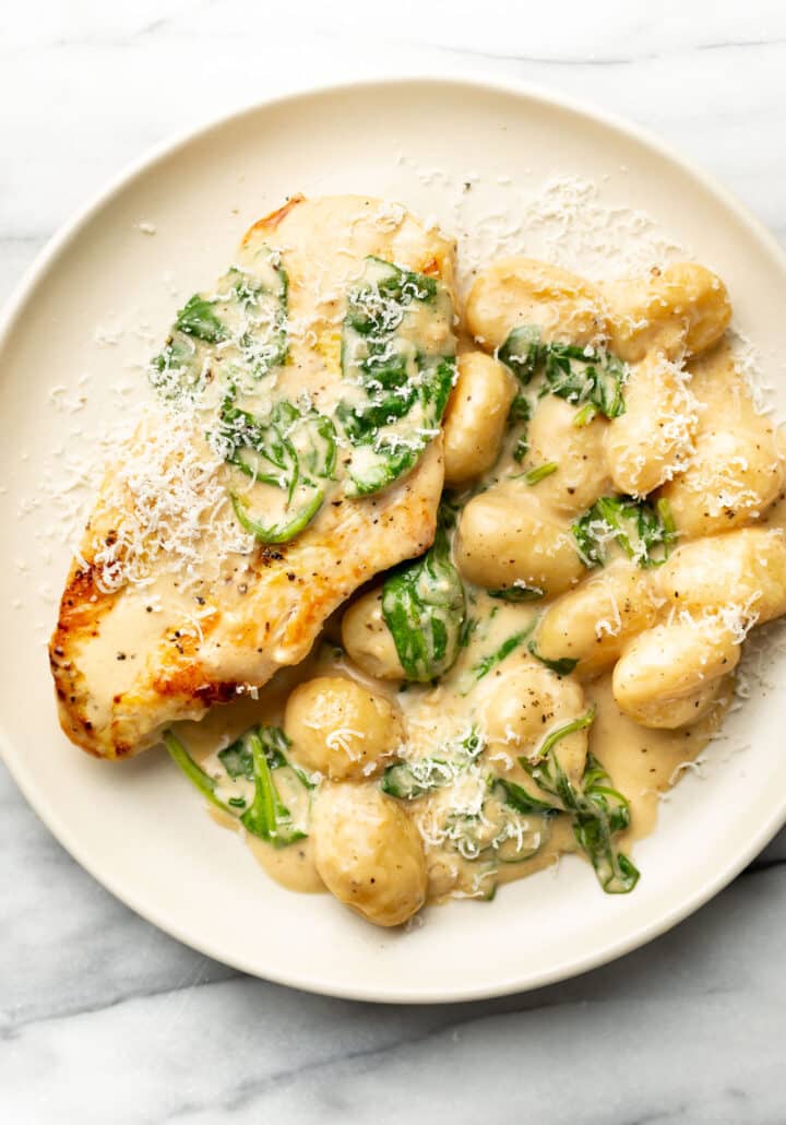 a plate with lemon chicken gnocchi