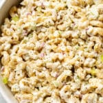 close-up of easy macaroni salad in a serving bowl