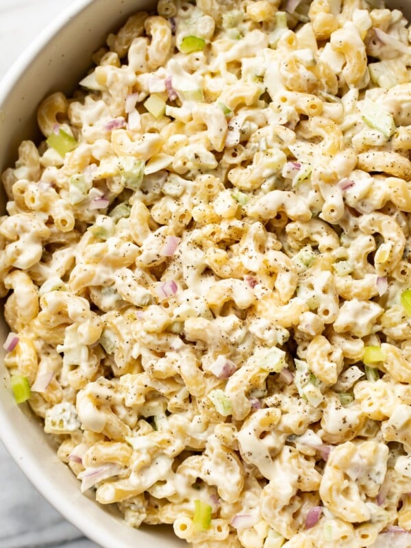 close-up of easy macaroni salad in a serving bowl