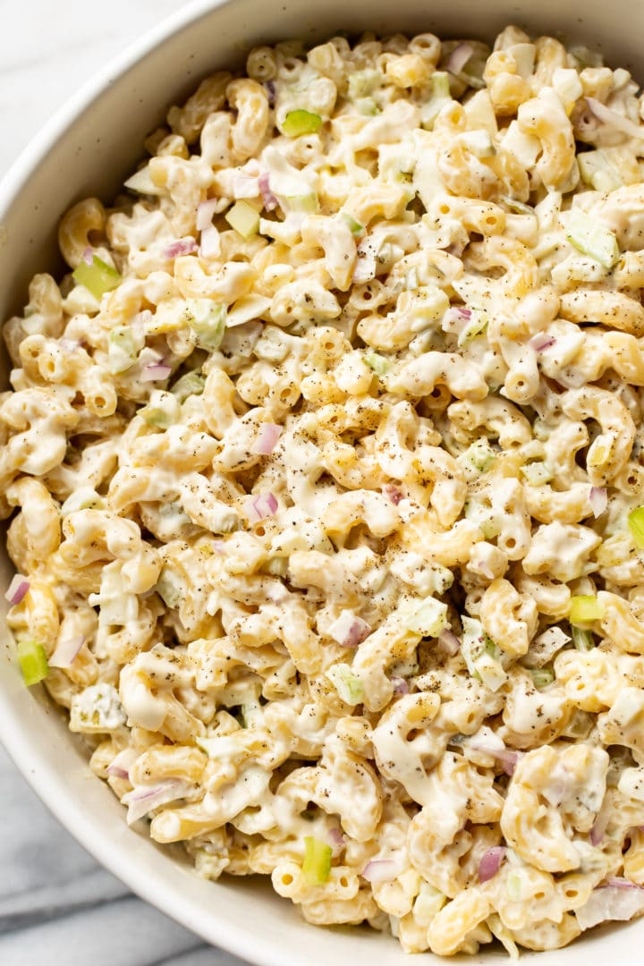 close-up of easy macaroni salad in a serving bowl