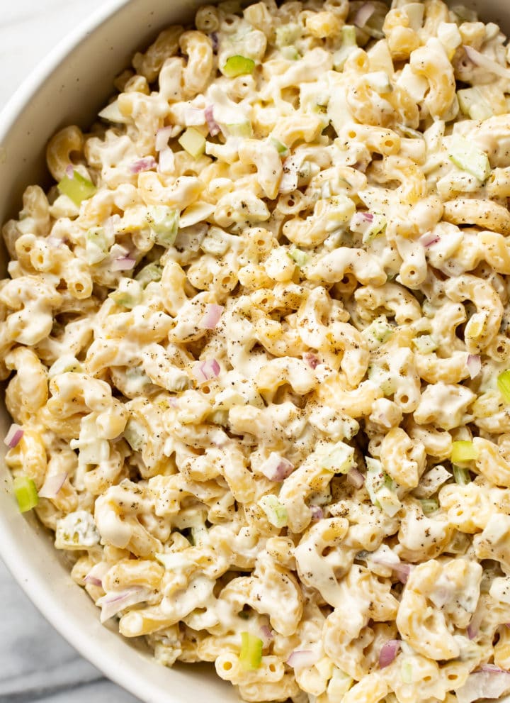 close-up of easy macaroni salad in a serving bowl