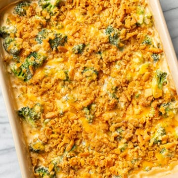 the best broccoli casserole on a marble background