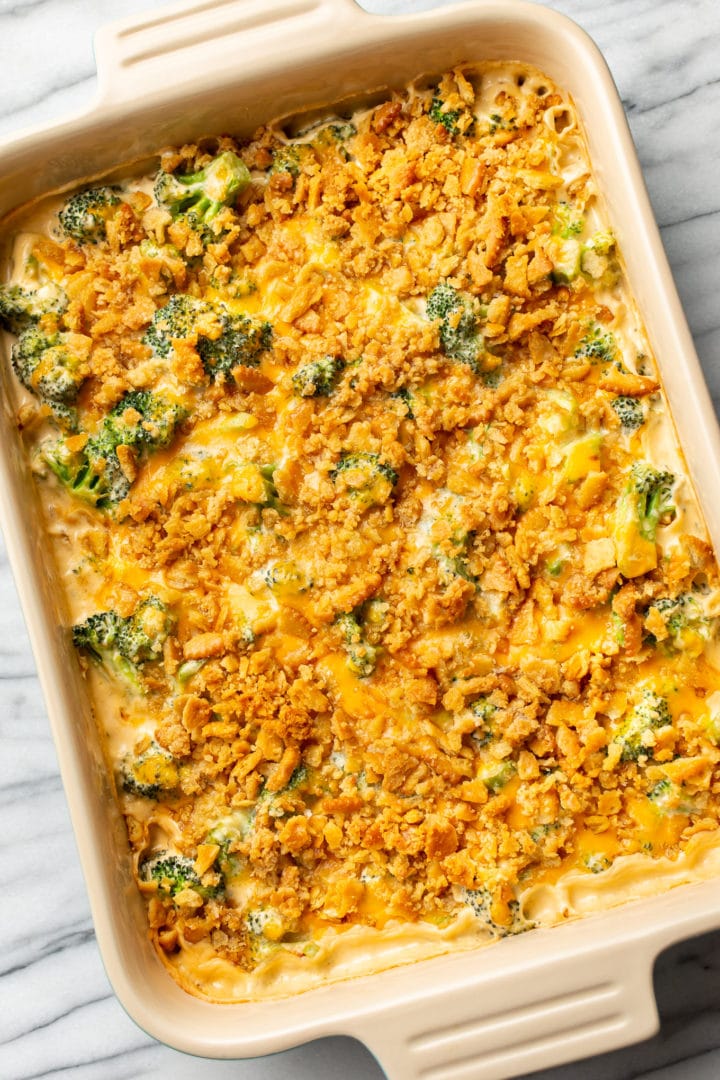 the best broccoli casserole on a marble background