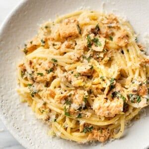 canned salmon pasta close-up in a shallow bowl