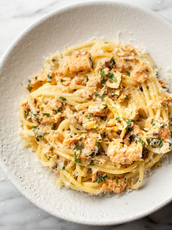 canned salmon pasta close-up in a shallow bowl