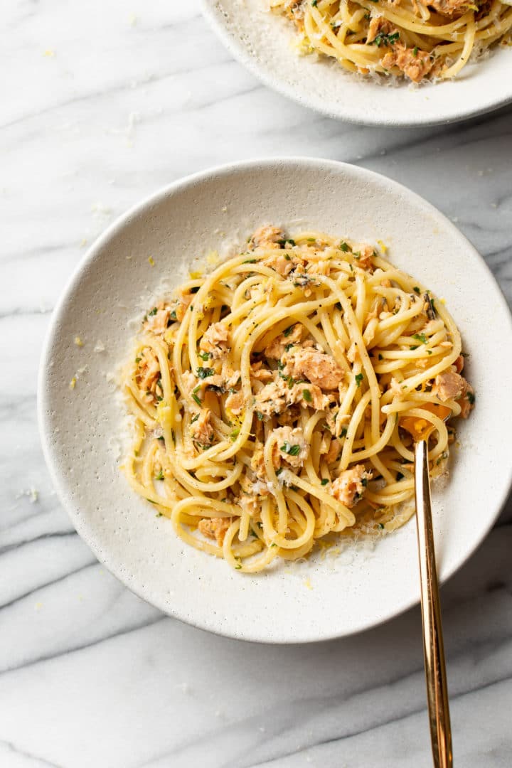 easy canned salmon pasta being twirled by a fork