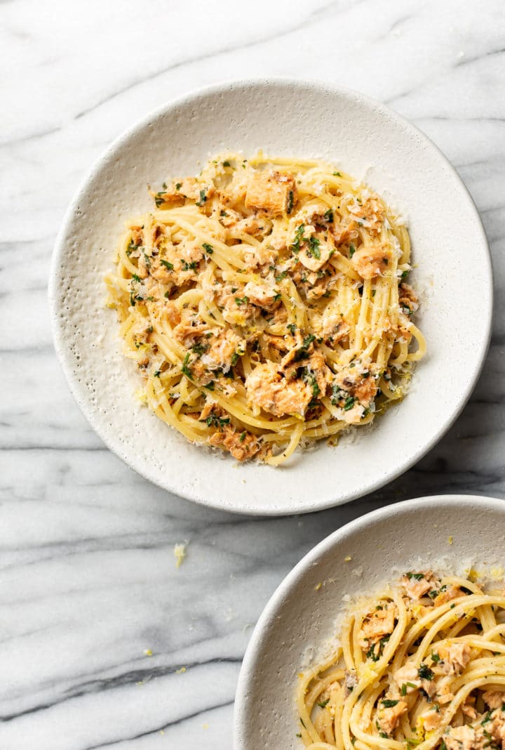 best canned salmon pasta in two shallow bowls