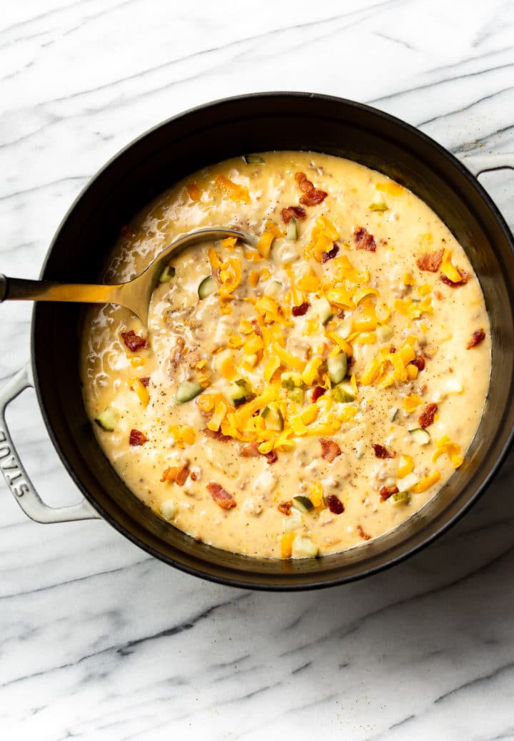 bacon cheeseburger soup in a pot